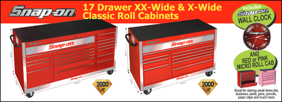 Snap-on Tool Storage Roll Cabinets include wall clock and micro roll cab